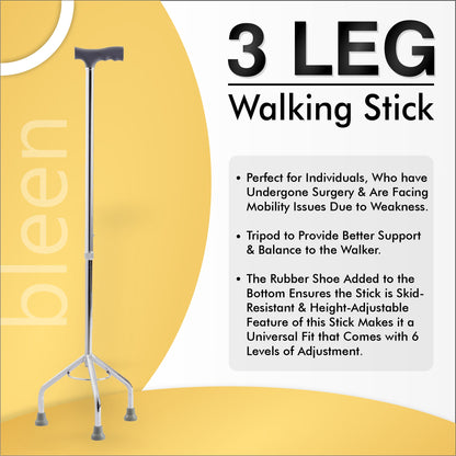 Three-Legged Walking Stick Lightweight | Height Adjustable for Men & Women | Ideal for Post-Operation Recovery, Elderly People